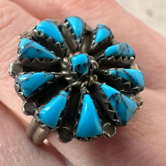 Vintage Old Pawn Sterling Petite Point Native American Ring 925 Turquoise 9.25 - Picture 2 of 9